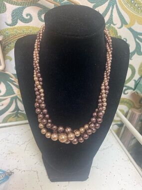 Vintage Multi Strand Faux Pearl Necklace Champagne Bronze Statement Classic